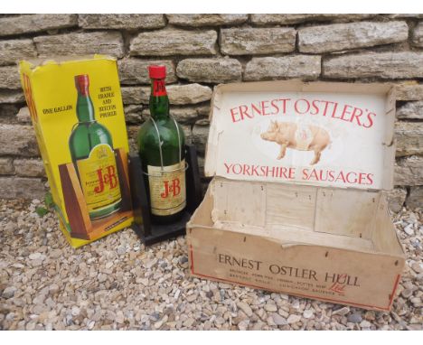 A J.B. Rare Scotch collectors' gallon bottle in cradle (empty), in original box plus an Ernest Ostler Yorshire Sausages cardb