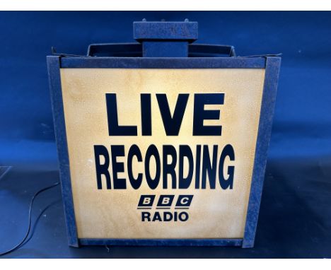 A BBC 'Live Recording; studio light, manufactured by Major, 18" wide x 19 1/2" high x 11" deep.