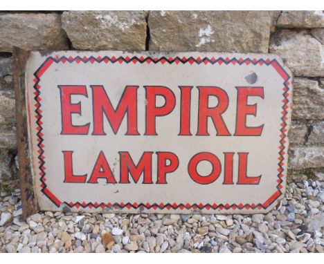 An Empire Lamp Oil double sided enamel sign with hanging flange, 24 x 15".