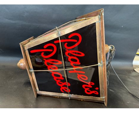 A copper tapering square hanging lantern advertising on three sides 'Player's Please', approx. 21" h.
