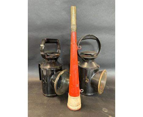 Two railway lamps, both with revolving handles in order to select different colour lenses, one stamped B.R. the other L.T., p