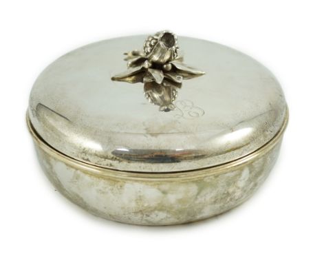 A 20th century French Emile Puiforcat for Cartier 950 standard silver bowl and cover, with engraved monogram and pineapple fi