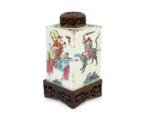A Chinese famille rose square tea caddy, mid 19th century, painted with the figures of the Shanxing, Zhong Kui riding a tiger