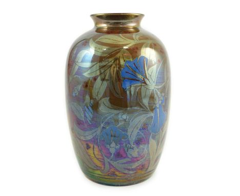 A Pilkington's Lancastrian ovoid vase, by William S. Mycock, 1923, decorated with harebells and berries, in violet, silver, g