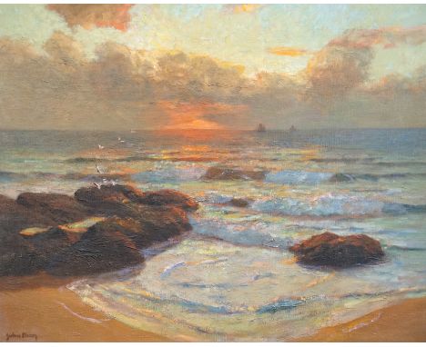 Julius Olsson RA, RBA, PROI, RWA, NEAC (British 1864-1942) 'Sunset off the Cornish coast'oil on canvassigned with label remna