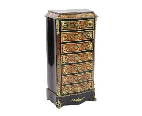 A 19th century French red boulle semanier/escritoire, with serpentine front and ormolu mounts, fitted seven drawers, width 66