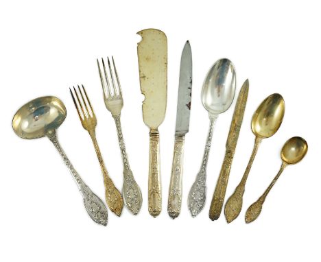 An extensive, almost complete canteen of late 19th/early 20th century French 950 standard silver fancy pattern cutlery, mainl