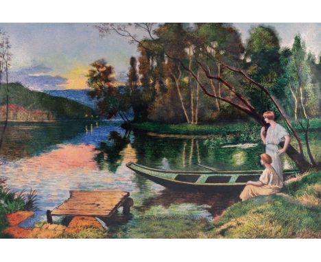 Jules Sarlandie (1874-1936), a large Art Deco Limoges enamel polychrome wall plaque, ‘Waiting for the ferryman’, signed lower