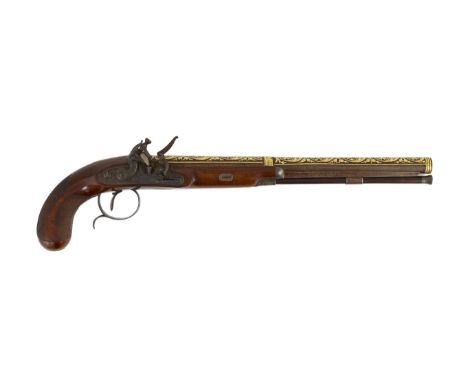 An early 19th century gold overlaid flintlock pistol, by Beckwith, London, the barrel overlaid with gold scrolling foliage an