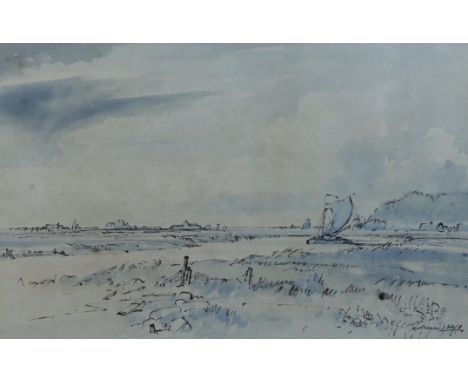 Edward Brian Seago R.B.A, R.S.W.A (British, 1910-1974) Norfolk landscape with sail bargeink and watercolour on papersigned26 