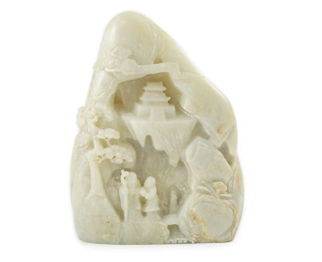 A Chinese pale celadon jade boulder carving, carved in high relief and openwork with Shou Lao, sages and attendants amid rock