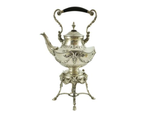 An ornate late 19th/early 20th century Austro-Hungarian 800 standard silver tea kettle on stand, of pedestal cauldron shape a