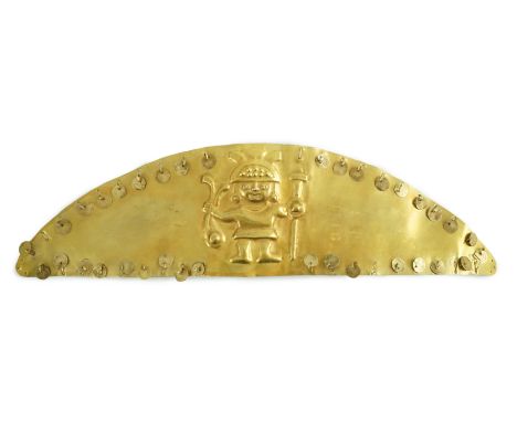 A rare pre-Columbian sheet gold headdress or breast plate, possibly Moche culture, Northern Peru, A.D. 200 - 850, of crescent