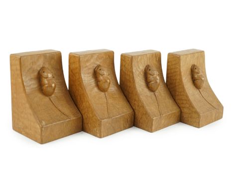 Two pairs of Robert Thompson Mouseman Thompson oak bookends, each carved with a mouse, width 9.5cm depth 9.5cm height 15cm***