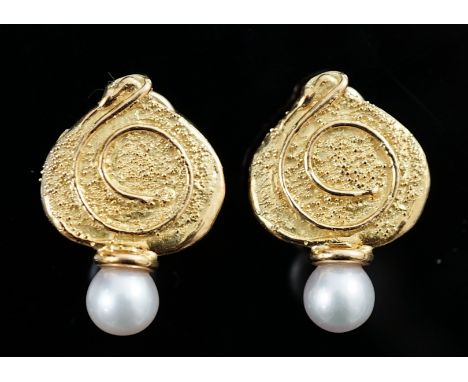 A pair of 1990's 18ct gold and cultured pearl set shiraz ear clips by Elizabeth Gage, stamped Gage and hallmarked for London,