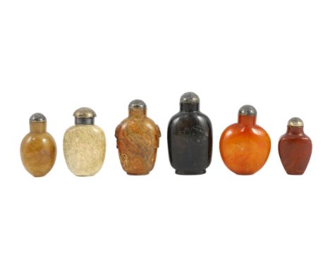 A scholarly collection of six 19th century Chinese snuff bottles, to include two amber examples, 4.6cm, damaged and 6.3cm, ol