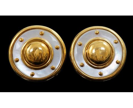 A modern pair of 18ct gold and mother of pearl set disc shape earrings, in Boodle &amp; Dunthorne box, maker's mark PCJ, hall