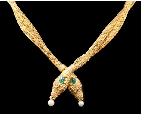 An early 20th century multi-strand gold, emerald, rose cut diamond and cultured pearl drop set twin headed serpent necklace, 