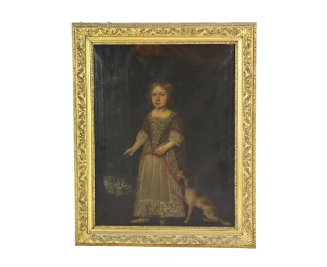 Late 17th century English School Full length portrait of a child standing beneath a canopy with a dog at their feet and holdi