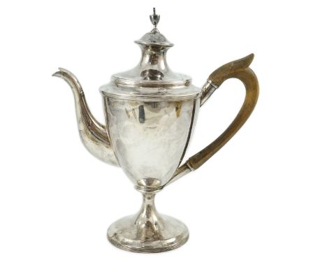 A George III silver pedestal coffee pot, by John Emes, of vase form, with vase finial and reeded borders, London, 1798, heigh