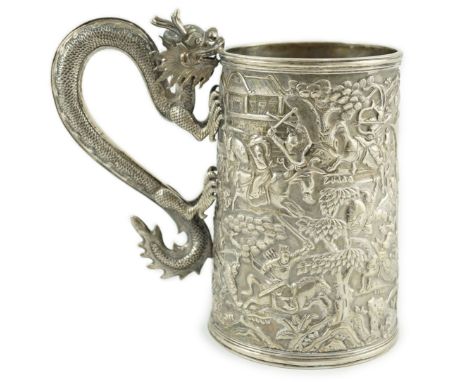A late 19th century Chinese Export double skinned silver mug, by Leeching, with dragon handle, engraved inscription dated 187