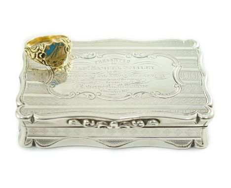 Australian naval interest - A Victorian engraved silver presentation snuff box, inscribed 'Presented to Capt. Samuel Smiley b