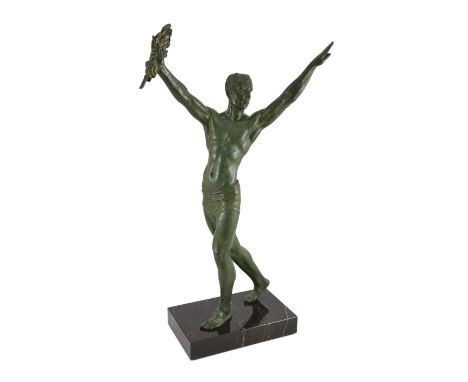 J. Darcourt. An Art Deco patinated spelter figure of a victorious athlete, standing with arms aloft, on signed marble plinth,