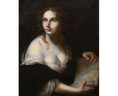 18th century English School Portrait of a woman holding an Old Master drawingoil on canvas74 x 61cm***CONDITION REPORT***Oil 