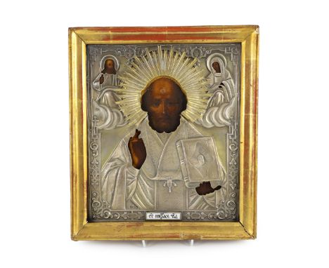 A 19th century Russian icon of St. Nicholas with 84 zlotnik oklad dated 1862,  30 x 26cm***CONDITION REPORT***Some wear from 