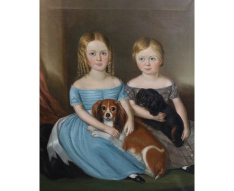 Mid 19th century English School Portrait of two children seated with their King Charles Spanielsoil on canvas91 x 74cm***COND