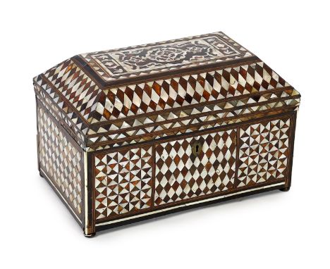 A late 18th/early 19th century Ottoman tortoiseshell and mother-of-pearl scribe’s casket, of sarcophagus form, the top of the