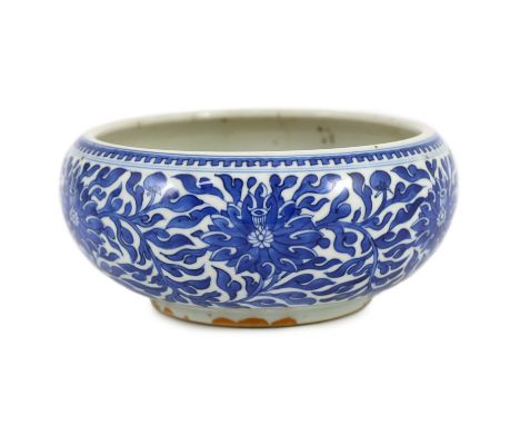 A Chinese blue and white ‘alms’ bowl or censer, cyclical date for the 56th year of the reign of Kangxi corresponding to 1717 