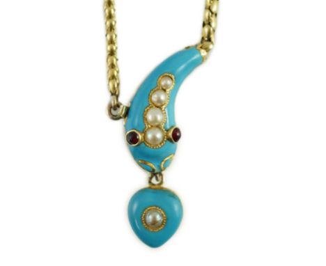 A late Victorian gold, enamel and split pearl set serpent drop mourning necklace, with cabochon eyes and heart shape drop wit