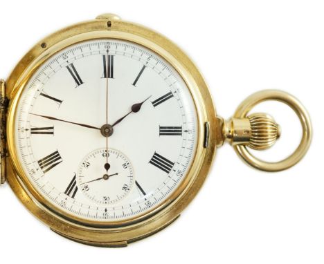 A late 19th Swiss 18k gold keyless hunter minute repeating chronograph pocket watch by U. Montandon Robert, with Roman dial a