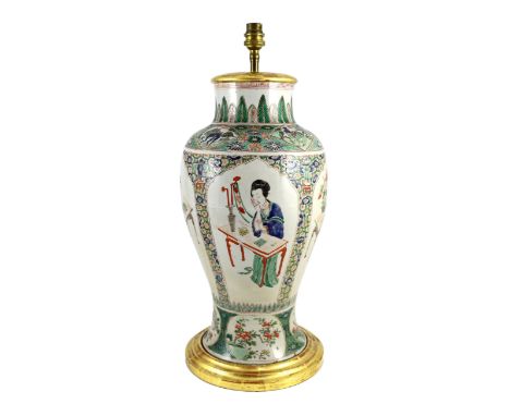 A Chinese famille verte baluster ‘Four Beauties’ baluster vase, Kangxi period,  vase 42cm high, lower third restored, base la