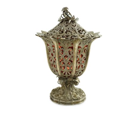 An early Victorian pierced silver sugar vase and cover, by Robinson, Edkins & Aston, with cranberry glass liner, 'petal' bord