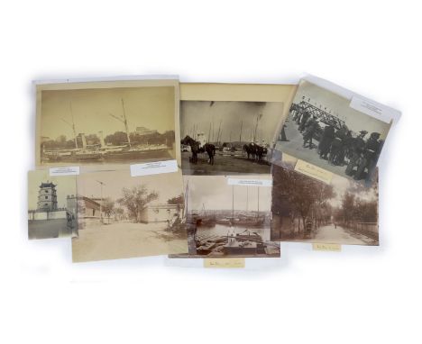 China, Nine albumen photographic views of Tianjin (Tientsin), c.1900, depicting the railroad, French Army, a temple, harbour 