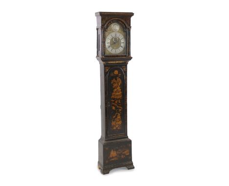 Thomas Clinch of London. A black japanned eight day longcase clock, the 12 inch arched brass dial with tempus fugit crest, si