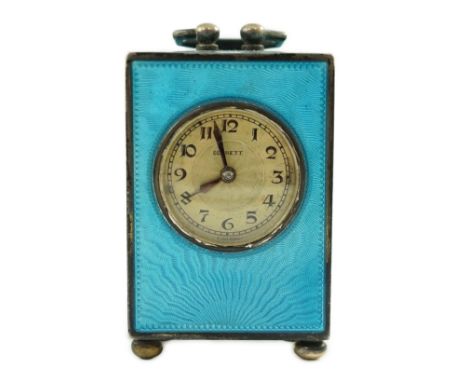 A George V Swiss blue enamel and silver cased miniature carriage timepiece, import marks for Arthur George Rendell, London, 1