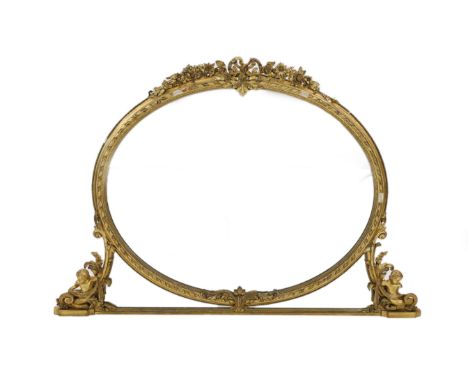 A Victorian giltwood and gesso overmantel mirror, of oval form with ribbon and flowers crest, beaded border and lower margina