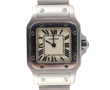 A lady's stainless steel Cartier Santos quartz wrist watch, on a stainless steel Cartier bracelet, with Roman dial and gem se