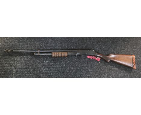12bore Winchester Model 1897 single barrel pump-action shotgun No. 248377.&nbsp;Some obvious damage at magazine join to breec