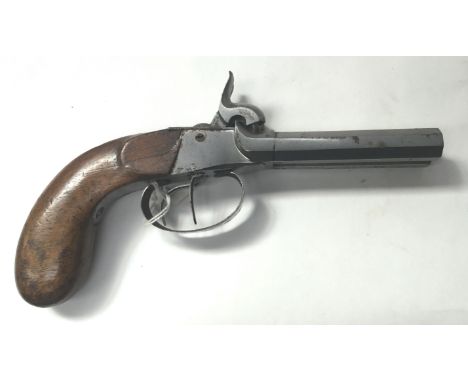 Antique 19th century double barrel boxlock percussion screw barrel pocket pistol overall length 8&rdquo; with octagonal barre