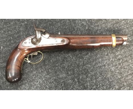 A heavy antique full-stocked percussion pistol at 15&rdquo; overall with 10&frac12;&rdquo; heavy smooth-bore barrel at approx