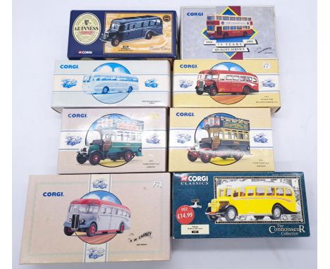 Corgi, a boxed bus group to include; 33804 Bedford OB Coach "Guinness", 33802 Bedford OB Coach "Malta" as well as others. Con