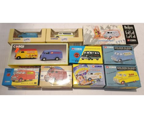 Corgi, a boxed Group of Scale Model Bedford Vans. Includes 05606 The Beatles Bedford CA Graffiti Van with others. Although un