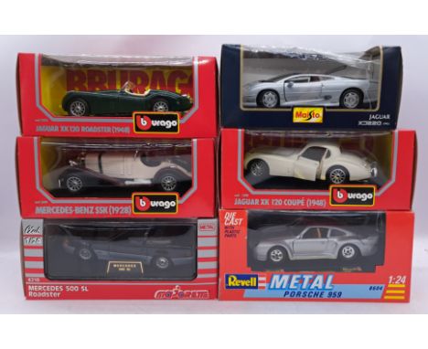 Burago, Maisto, Majorette and similar a boxed 1:24 scale group to include; Majorette 4210 - Mercedes 500 SL Roadster as well 
