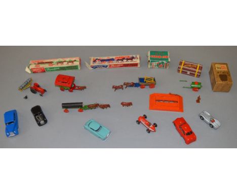 Selection of diecast models: boxed Moko Farmette #1 Log Wagon and two Horses; boxed Moko Farmette Treasure Chest #11 Water Wa