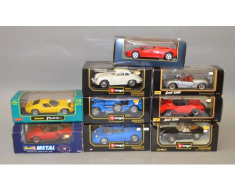 Nine 1:18 scale diecast model cars, all Porsche, Bugatti and Lamborghini, by Maisto, Bburago and similar. G-E, all boxed. (9)