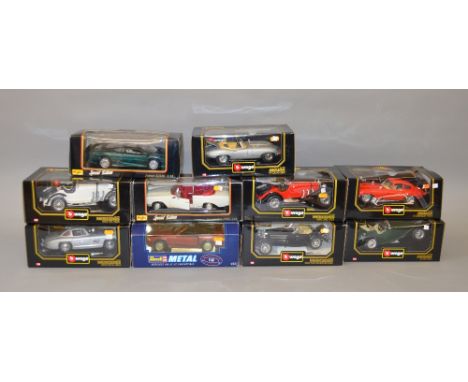 10 x 1:18 scale diecast model cars, all Mercedes and Jaguar, by Bburago and Maisto. G-E, boxed.